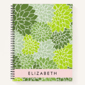 緑のダリアの花、花のパターン、あなたの名前 ノートブック (正面)