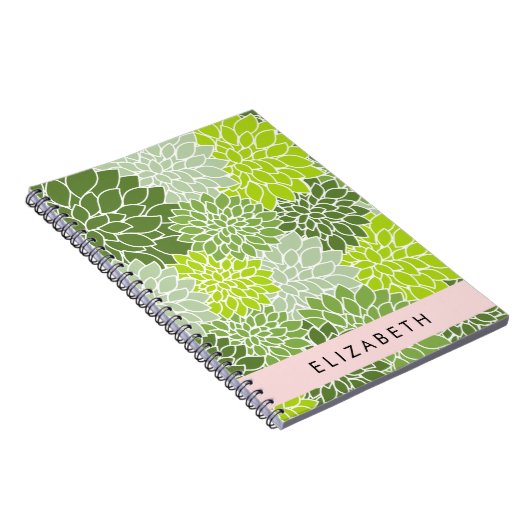 緑のダリアの花、花のパターン、あなたの名前 ノートブック (右側)