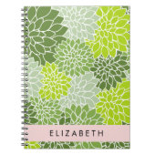 緑のダリアの花、花のパターン、あなたの名前 ノートブック (正面)