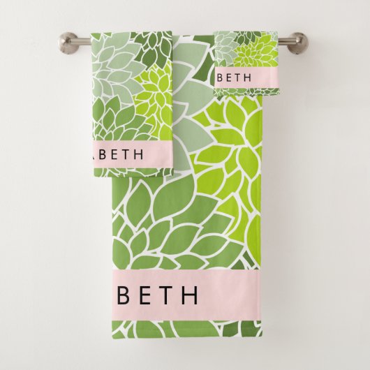 緑のダリアの花、花のパターン、あなたの名前 バスタオルセット (インサイチュ)