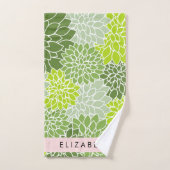 緑のダリアの花、花のパターン、あなたの名前 バスタオルセット (ハンドタオル)