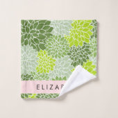 緑のダリアの花、花のパターン、あなたの名前 バスタオルセット (ウォッシュタオル)