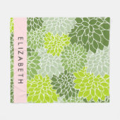 緑のダリアの花、花のパターン、あなたの名前 フリースブランケット (正面(横))