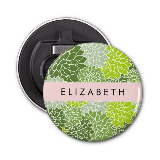 緑のダリアの花、花のパターン、あなたの名前 栓抜き (正面)