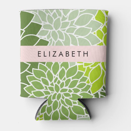 緑のダリアの花、花のパターン、あなたの名前 缶クーラー (正面)