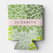 緑のダリアの花、花のパターン、あなたの名前 缶クーラー (裏面)