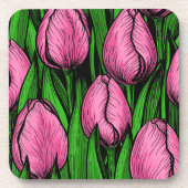 緑のチューリップ付きピンク葉のチューリップ コースター (正面)