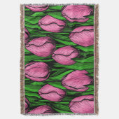 緑のチューリップ付きピンク葉のチューリップ スローブランケット (正面縦)