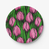 緑のチューリップ付きピンク葉のチューリップ ペーパープレート (正面)