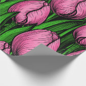 緑のチューリップ付きピンク葉のチューリップ ラッピングペーパー (角)