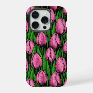 緑のチューリップ付きピンク葉のチューリップ iPhone 15 PROケース