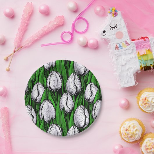 緑のチューリップ葉付き ペーパープレート (パーティー)