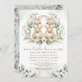 緑のツインバニー赤ちゃんシャワーイースターウサギ 招待状 (正面/裏面)