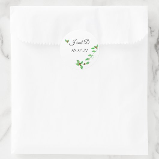 緑のツタのラベルにピンクの結婚芽を付ける ラウンドシール (バッグ)