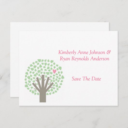 緑のツリーピンクのハートは日付を保存 案内ポストカード (正面/裏面)