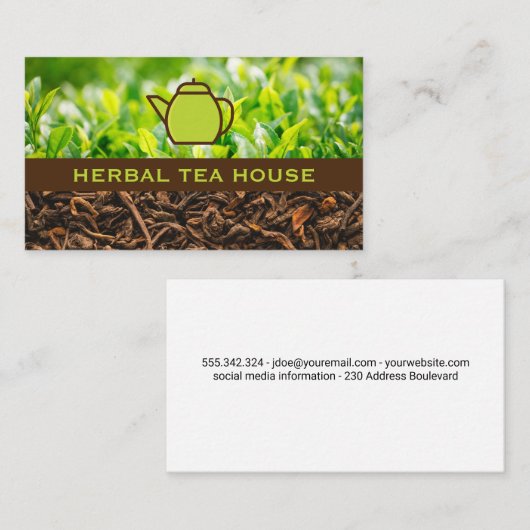 緑のティーポット | 茶の木と乾燥した茶 名刺 (正面/裏面)