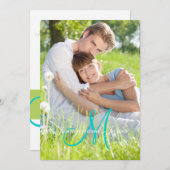 緑のティール（緑がかった色）のモノグラムはシンプルな写真の結婚式を示します 招待状 (正面/裏面)