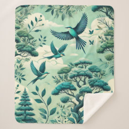 緑のティール（緑がかった色）の森と鳥のパターン シェルパブランケット