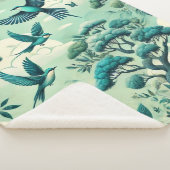 緑のティール（緑がかった色）の森と鳥のパターン シェルパブランケット (3/4)