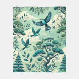 緑のティール（緑がかった色）の森と鳥のパターン フリースブランケット
