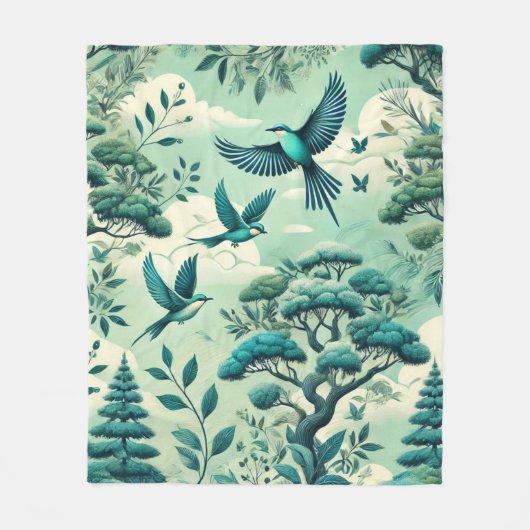 緑のティール（緑がかった色）の森と鳥のパターン フリースブランケット (正面)