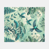 緑のティール（緑がかった色）の森と鳥のパターン フリースブランケット (正面(横))