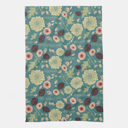 緑のティール(緑がかった色)ピンクのフローラよくはしゃぐミックスパターン キッチンタオル (縦)