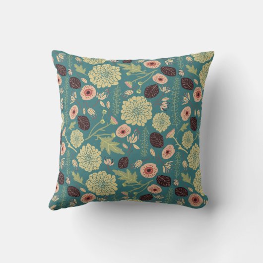 緑のティール(緑がかった色)ピンクのフローラトスパターン クッション (裏面)