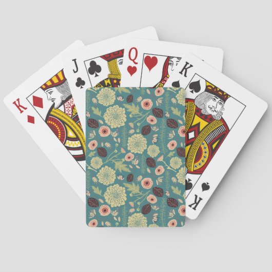 緑のティール(緑がかった色)ピンクのフローラトスパターン トランプ (裏面)