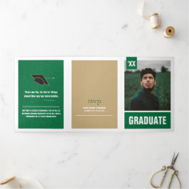 緑のテクスチモダンャ付き写真の卒業 三つ折り招待状