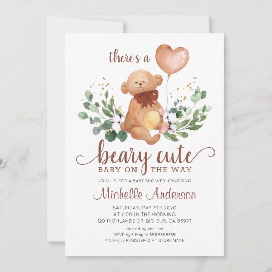 緑のテディベアかわいい赤ちゃんシャワー 招待状 (正面)