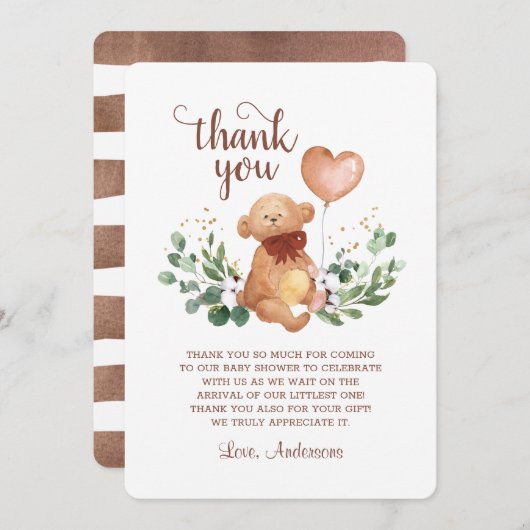 緑のテディベアの多くの赤ちゃんシャワー サンキューカード (正面/裏面)