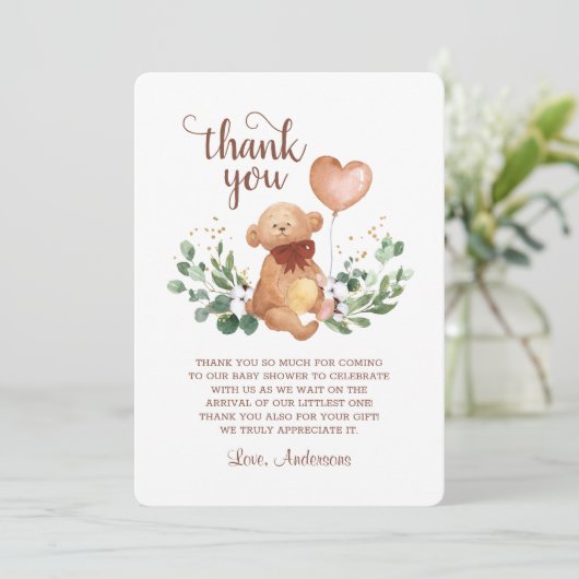 緑のテディベアの多くの赤ちゃんシャワー サンキューカード (スタンド正面)