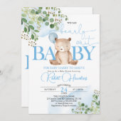 緑のテディベアバルーンベビーシャワー 招待状 (正面/裏面)