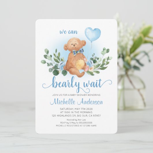 緑のテディベアビー待ちベイビーシャワー 招待状 (スタンド正面)