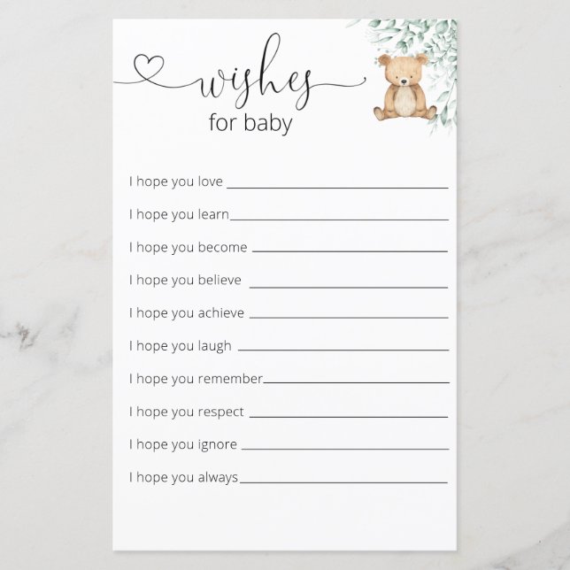 緑のテディベア赤ちゃんシャワーのベビー願い (正面)