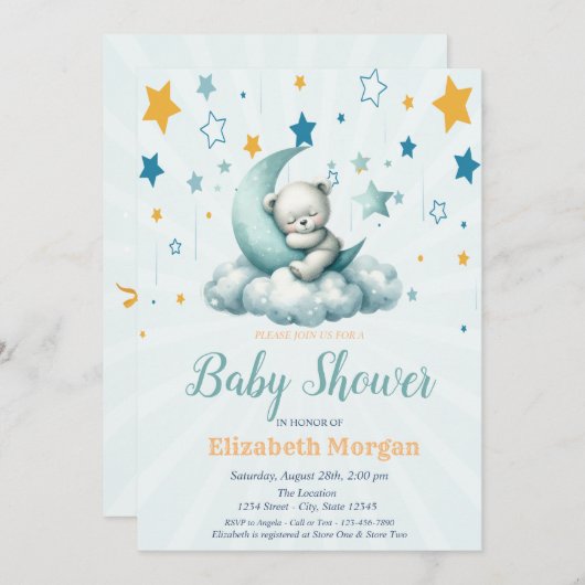 緑のテディベア、星の雲の月のベビーシャワー 招待状 (正面/裏面)