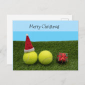 緑のテニスにメリークリスマスのサンタ帽 シーズンポストカード (正面/裏面)