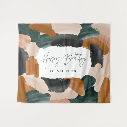 緑のテラコッタ抽象水彩画の誕生日 タペストリー (正面(横))