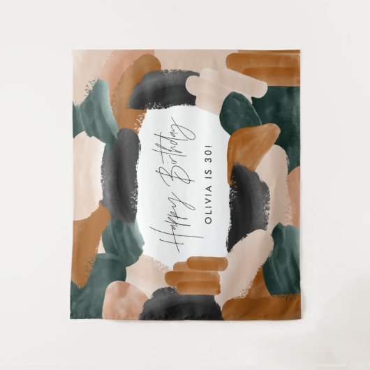 緑のテラコッタ抽象水彩画の誕生日 タペストリー (正面)