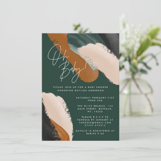 緑のテラコッタ抽象芸術水の色ベビーシャワー 招待状 (スタンド正面)