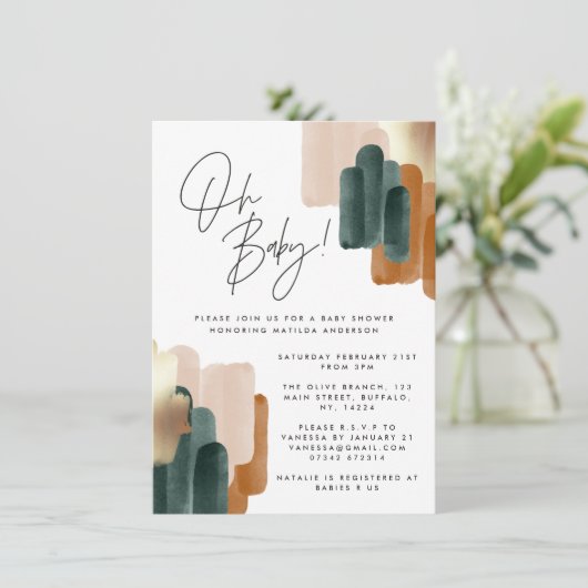 緑のテラコッタ抽象芸術水の色ベビーシャワー 招待状 (スタンド正面)