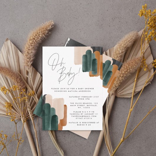 緑のテラコッタ抽象芸術水の色ベビーシャワー 招待状