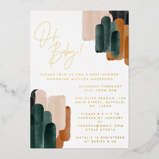 緑のテラコッタ抽象芸術水の色ベビーシャワー 箔招待状 (正面)