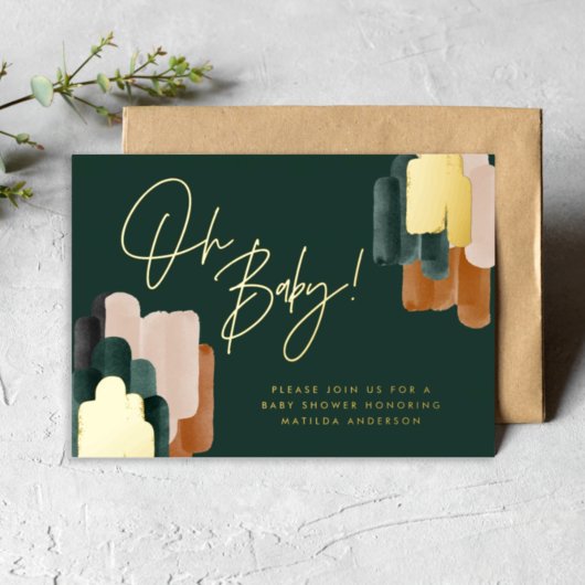 緑のテラコッタ抽象芸術水の色ベビーシャワー 箔招待状