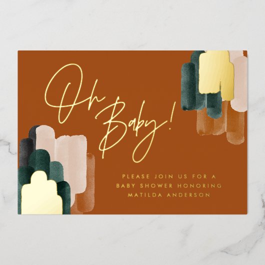 緑のテラコッタ抽象芸術水の色ベビーシャワー 箔招待状 (正面)
