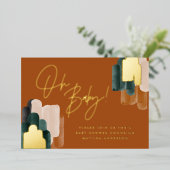 緑のテラコッタ抽象芸術水の色ベビーシャワー 箔招待状 (立ち正面)