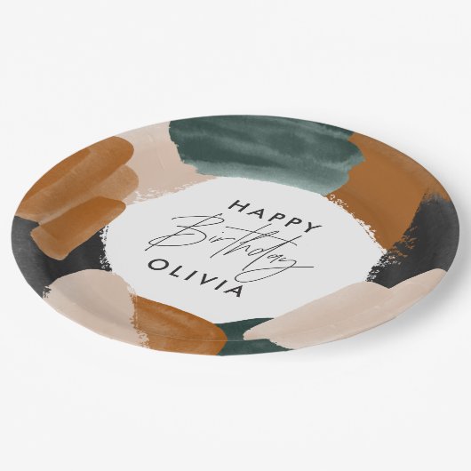 緑のテラコッタ抽象芸術水彩誕生日 ペーパープレート (アングル)