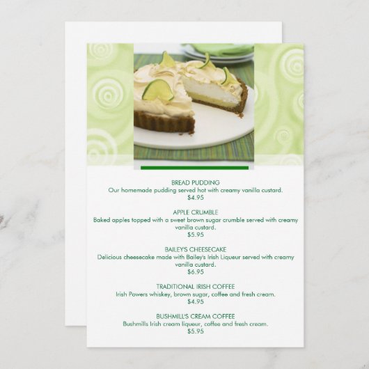 緑のテーマのカスタマイズ可能なデザートメニュー メニュー (正面/裏面)