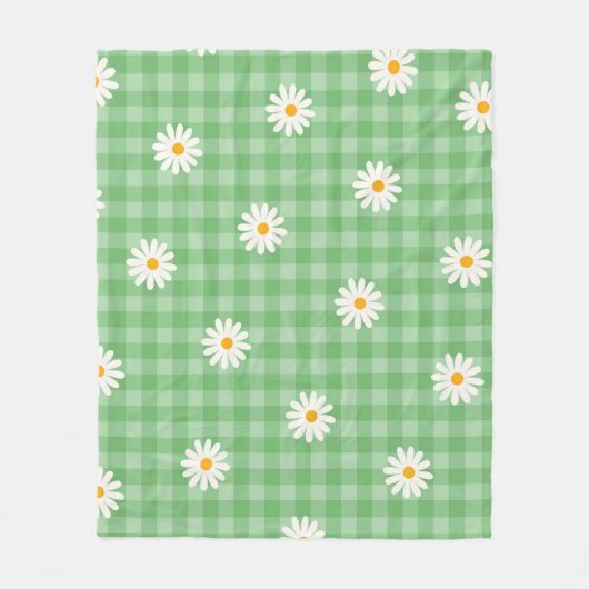 緑のデイジー格子状ギンガムチェック花模様 フリースブランケット (正面)